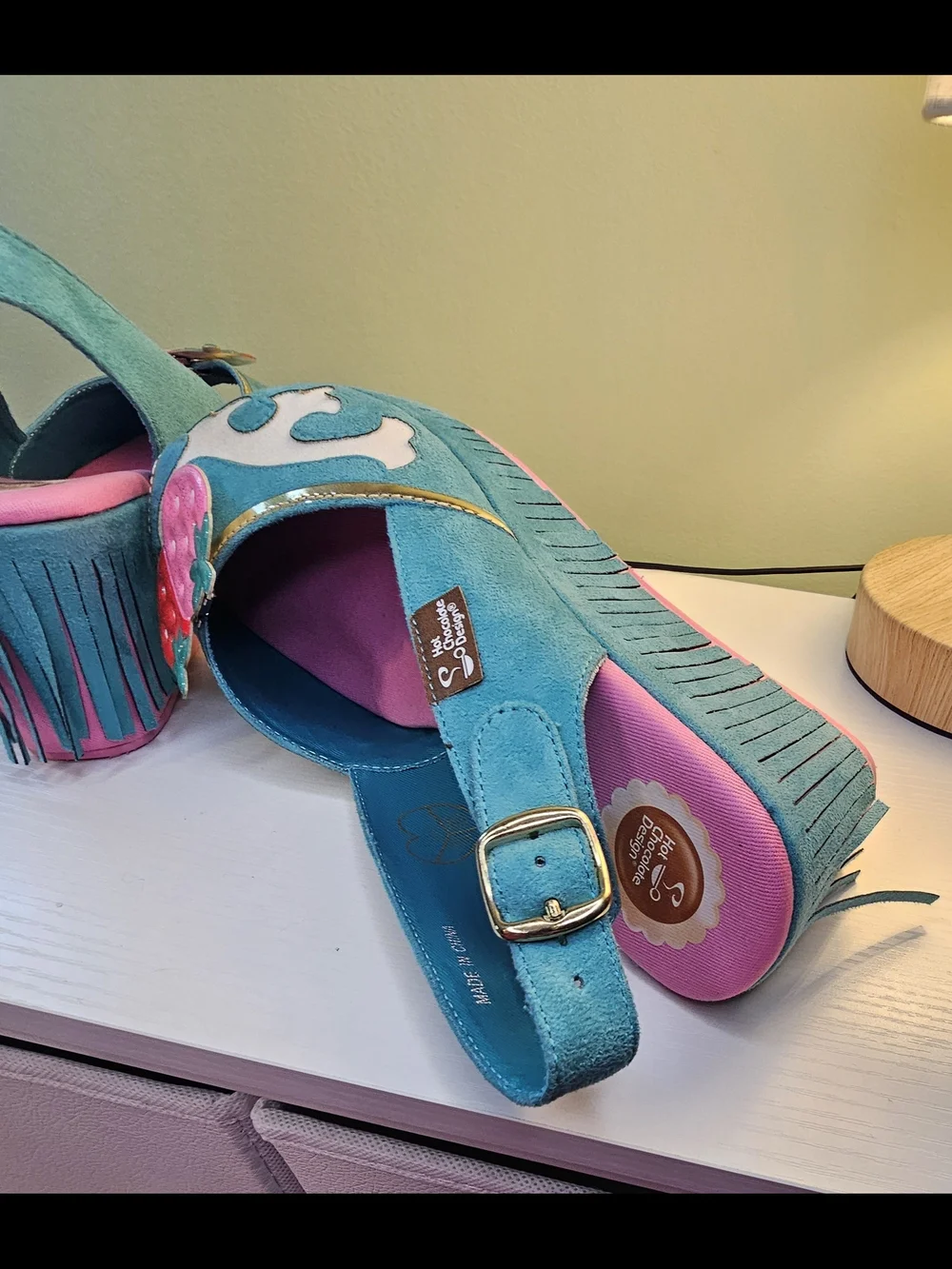 Teal Platform Slingback Sandals with Pink & Red Strawberry Accents